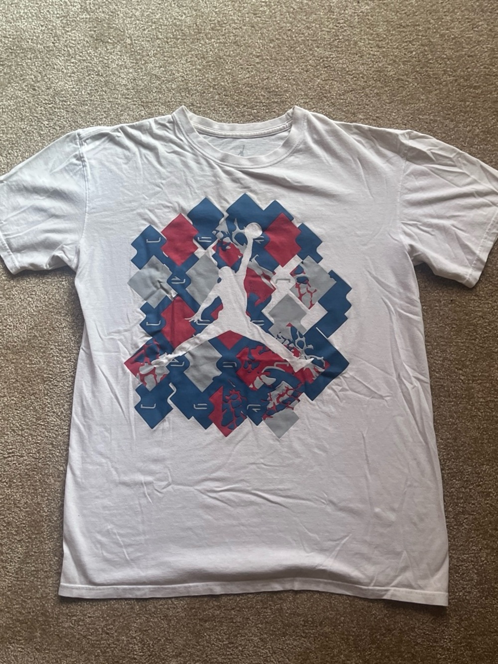 Jordan White Short-Sleeve Tee with Blue and Red Graphic